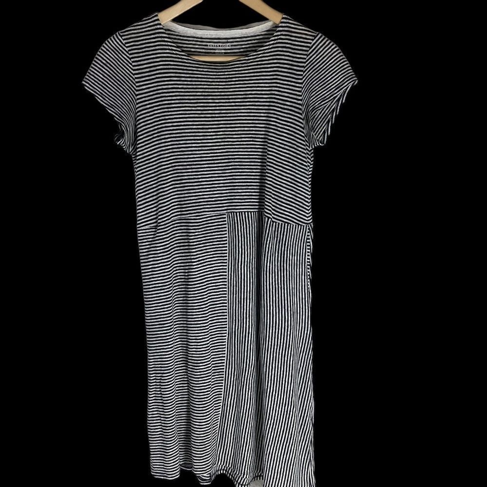 Eileen Fisher Black/White Striped Cap Sleeve Organic Linen Dress Sz XXS